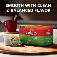 Folgers Half Caff Coffee, Medium Roast, Keurig K-Cup Pods, 10 Count