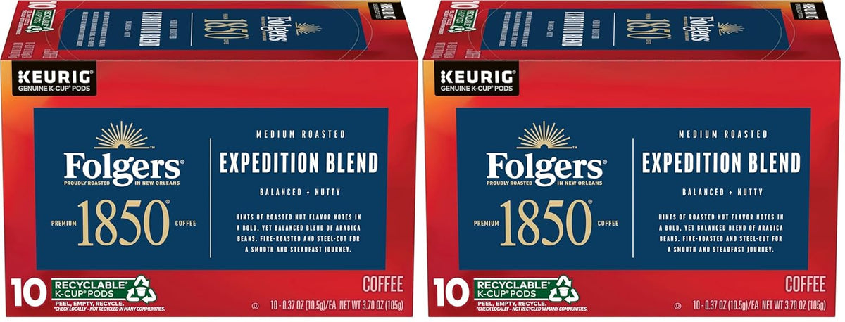 1850 by Folgers Pioneer Blend Medium Roast Coffee, 10 Keurig K-Cup Pods (Pack of 2)